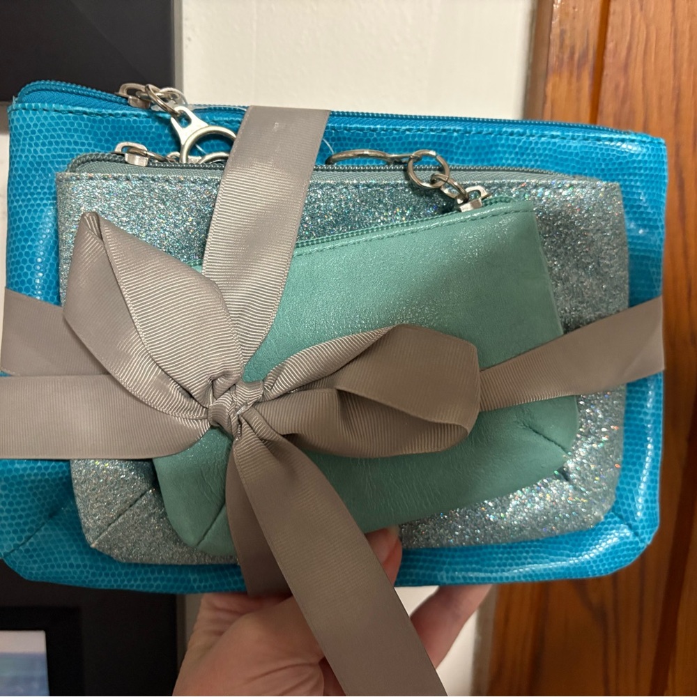 Stylish Blue and Silver Women's Clutch Set pouches and glitter nwt